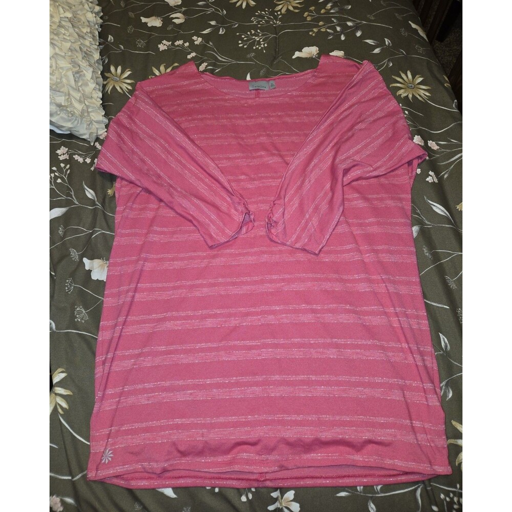 Athleta Women's Metallic Stripe XL 3/4 Sleeve Stretch Knit Yoga Top Pink Size XL